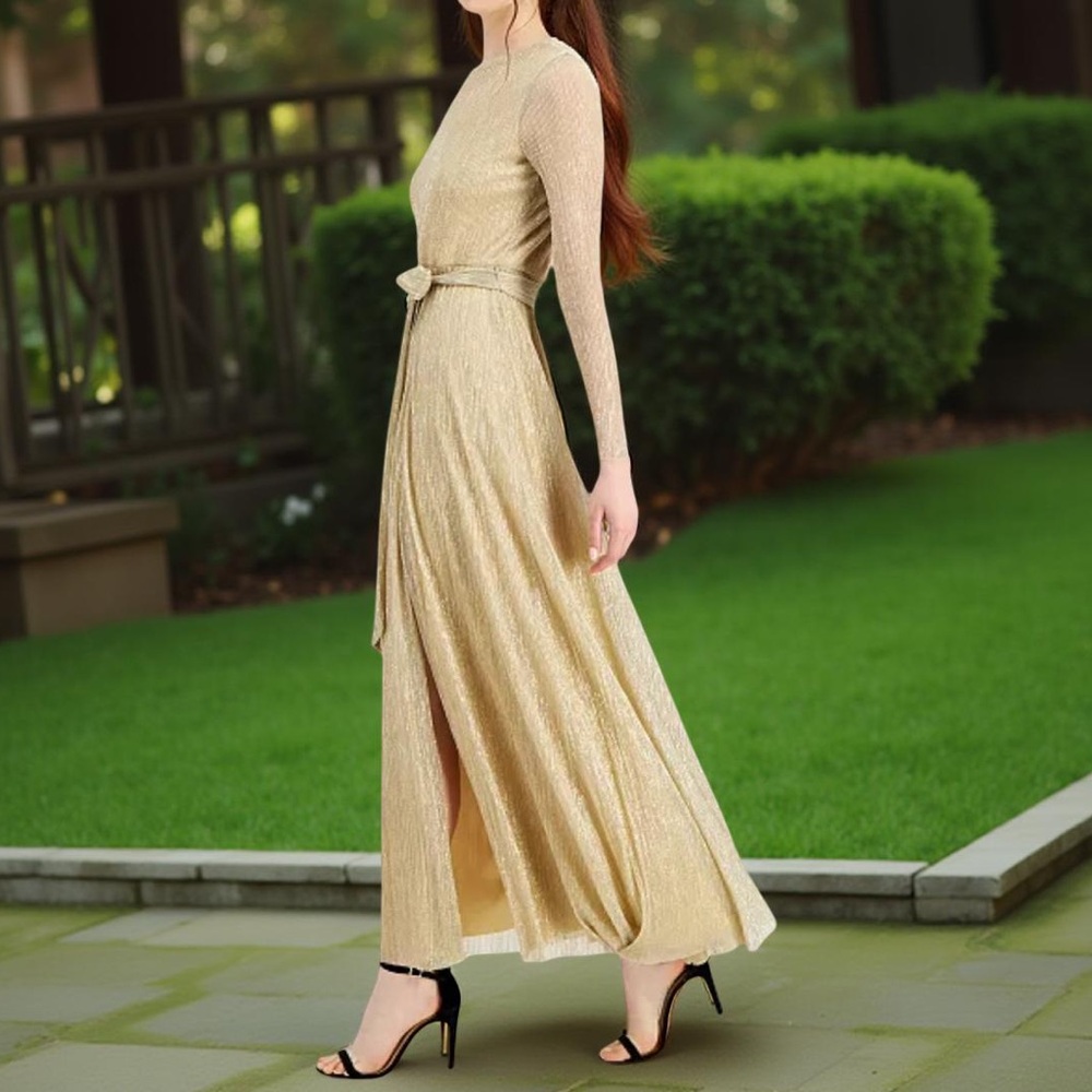 Anne Klein Infused Gold Metallic Fit & Flare Maxi Dress Size 4
